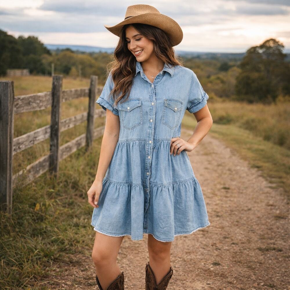 Chambray Button-Front Tiered Midi Dress - Light Blue